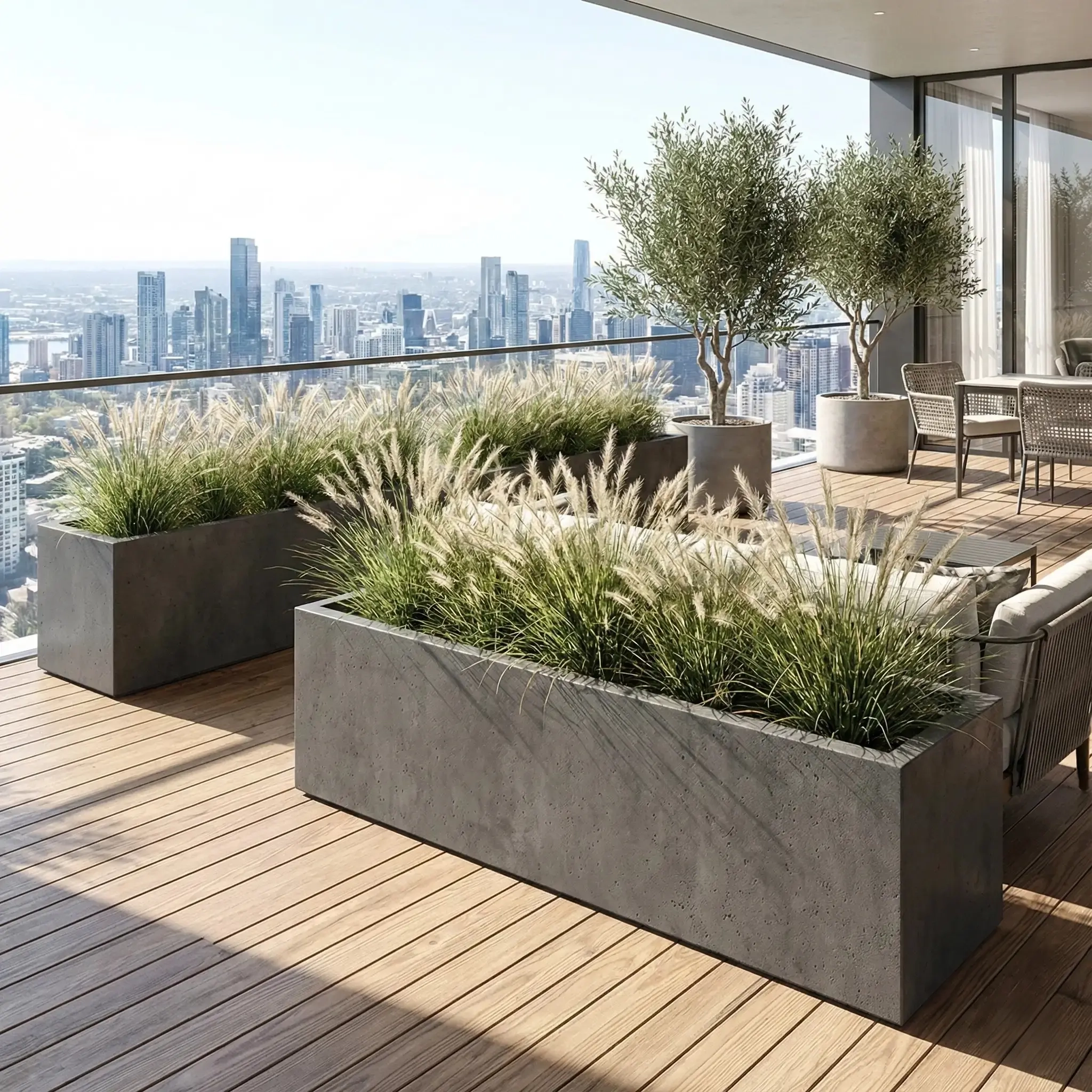 Lightweight Large Concrete Trough Planters on a Rooftop Garden Terrace Skyline View